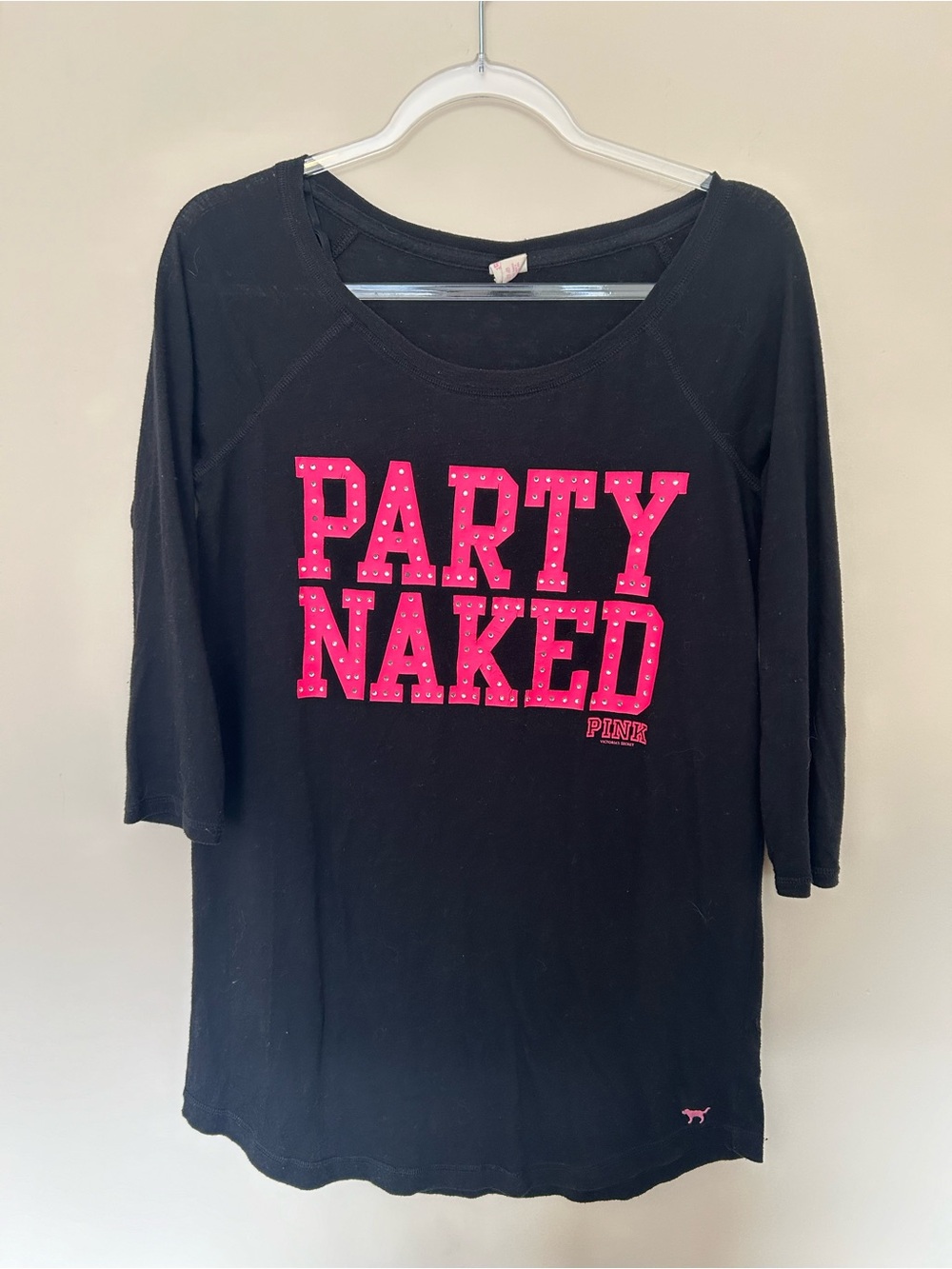 Victoria's Secret PINK Black Long Sleeve Tee with Hot Pink 'PARTY NAKED' Graphic